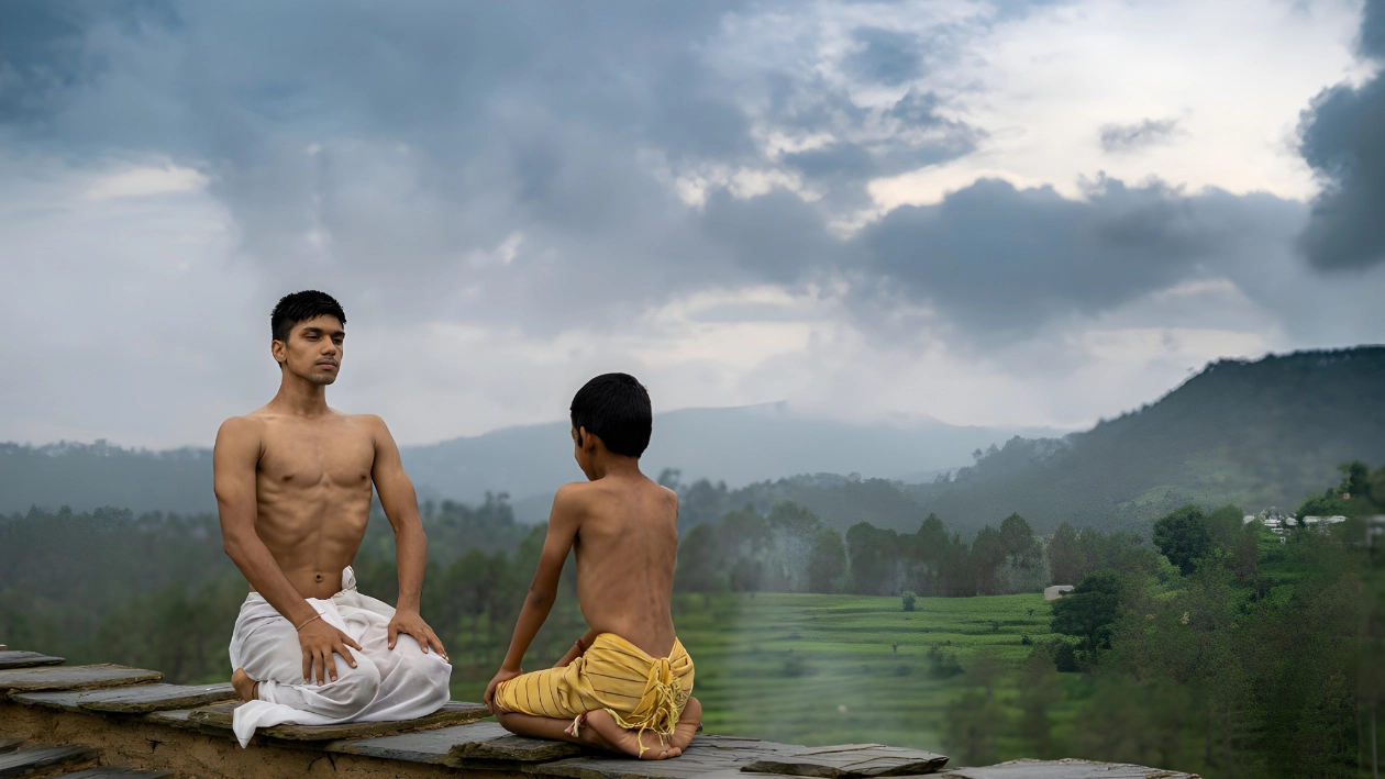 Rishikesh itinerary cover showing the Ganga River, the iconic Laxman Jhula bridge, and a silhouette of a person in a yoga pose against the Himalayas.