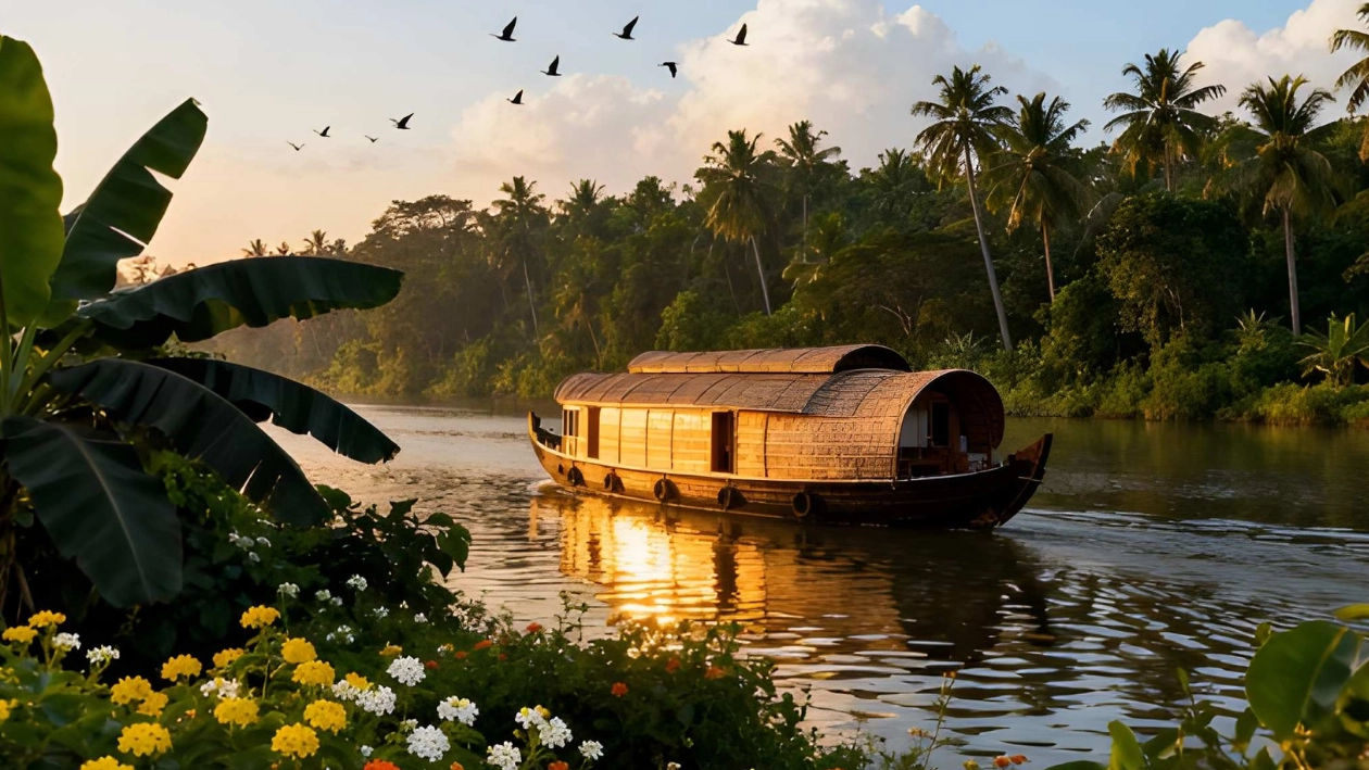 Itinerary table for 'Kerala: Where Nature Paints Paradise' featuring daily nature excursions, spice plantation tours, and houseboat stays.